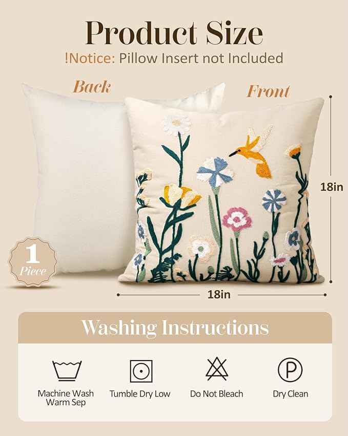 Embroidered Throw Pillow Cover 18x18 Inch - Spring Summer Boho Decorative Pillow Cover with Zipper for Living Room Couch Sofa Bed Aesthetic Design Flower Bird Cushion Pillowcase
