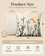 Embroidered Throw Pillow Cover 18x18 Inch - Spring Summer Boho Decorative Pillow Cover with Zipper for Living Room Couch Sofa Bed Aesthetic Design Flower Bird Cushion Pillowcase