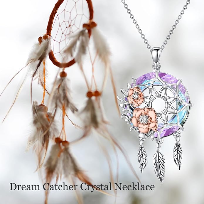 Dream Catcher Pendant Necklace 925 Sterling Silver Synthetic Moonstone Crystal Sunflower Rose Flower Evil Eye Dreamcatcher Cremation Jewelry Gifts for Women Wife Mom