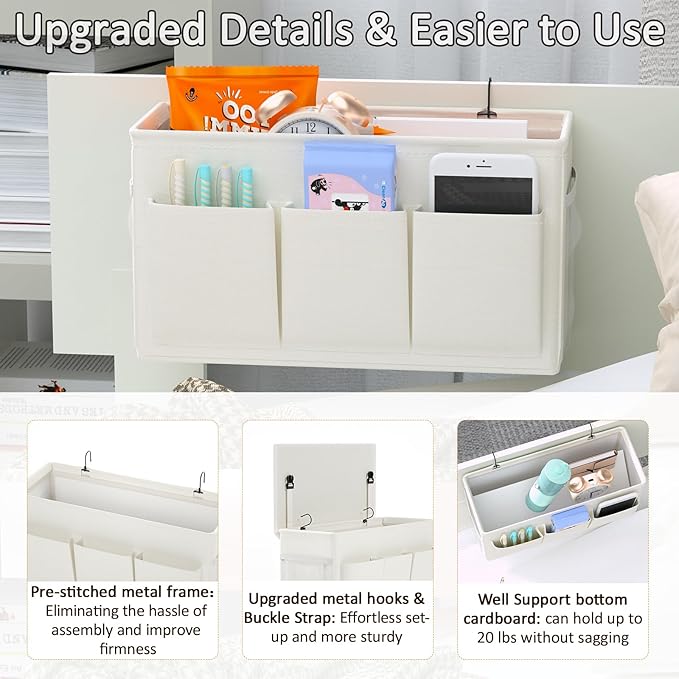 Edudif Dual-purpose Bedside Caddy Bedside Organizer, Bed Caddy with 6 Pockets, Versatile Bedside Storage Solution Magazine Remotes holder, ideal for Home, Dorm, Hospital, Crib Bed