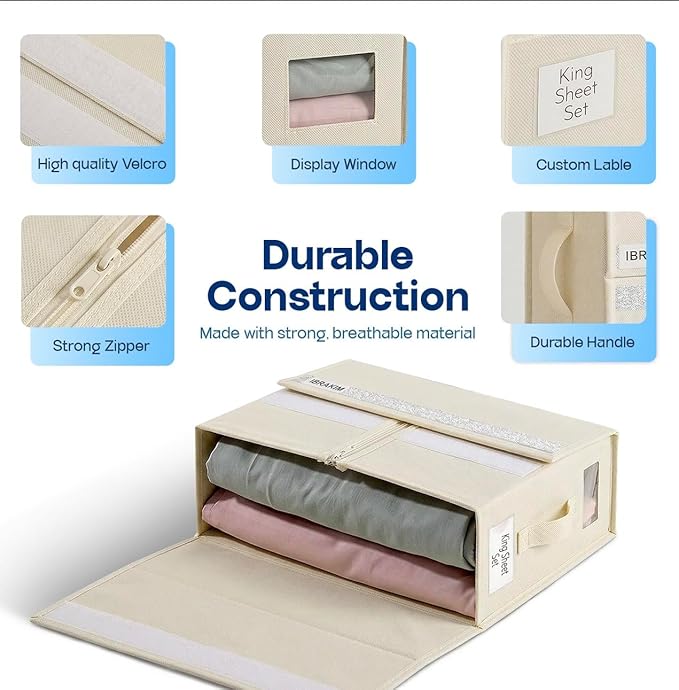IBRAKIM Bedsheet Organizer Set of 4, Linen Storage Organizer for Closet and Under Bed, Foldable Bedding Organizer for Sheets, Blankets, Comforters, Closet Storage Bins, Beige
