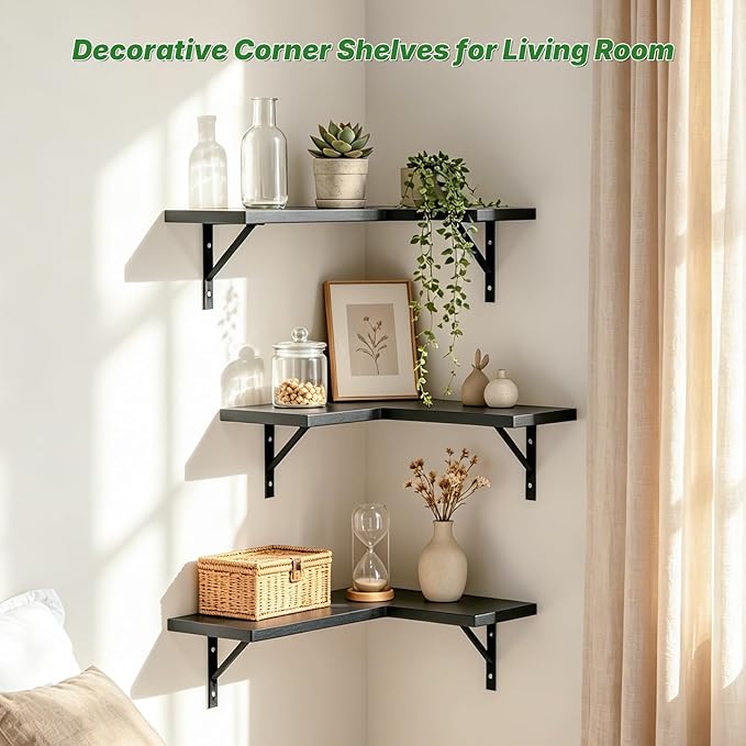NATURE'S SOURCE Corner Floating Shelves, Corner Shelf Wall Mounted, Shelves for Room Wall, Home Decor Living Room Bedroom Office Kitchen Bathroom- Gothic Style (Black, Set of 3)