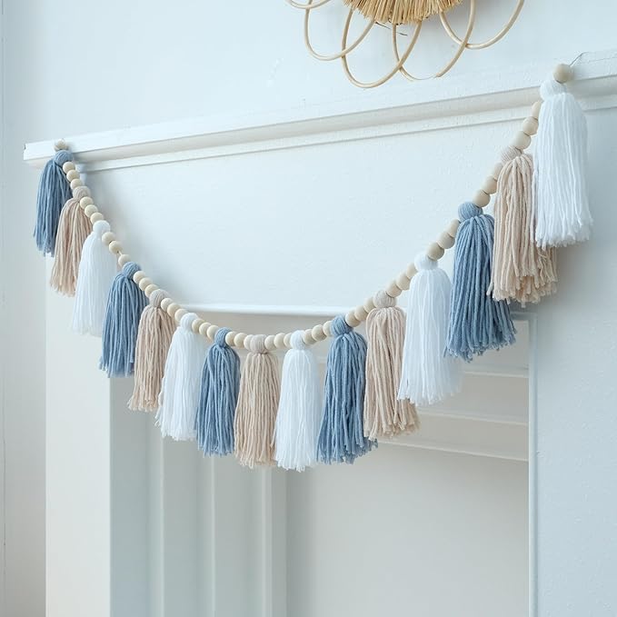 DCJHFJ Boho Blue Tassel Garland Wall Hanging with Wood Beads for Baby Shower Kids Room Bedroom Nursey Back to School Decorations