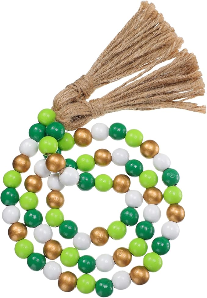 Equsion Seasonal Wooden Bead Garland with Tassels, 3.3 ft Holiday Vintage Boho Bead Garland Easter Tray Decoration, Vase Wall Room Art Birthday Party Decoration(Light Green, Dark Green, White, Gold)