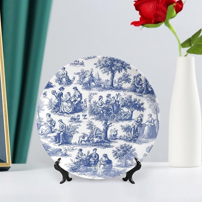 Navy Blue White Decorative Toile Print Decorative Plate of 6", 7", 9", 10", Customize Design Collector Plates, Kitchen Art Decoration Decorations Office, Unique Art with Stand