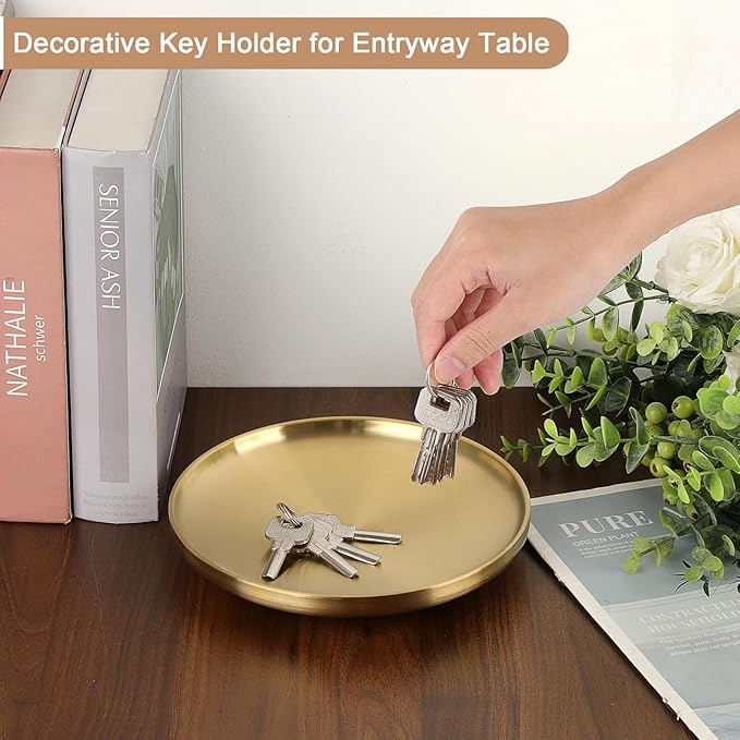 Decorative Key Tray for Entry Table Round Catch All Bowl for Jewelry Candle Plate Gold Display Dish for Home Decor Accent, 6.7 x 6.7 x 1.2