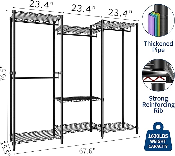 Heavy Duty Clothes Rack,Load 1631LBS Garment Rack Portable Closet,Free Standing Closet Organizers and storage with Adjustable Shelves, Hanging Rods, Dividable Black 76.5"H x 67.6"L x 15.5"W