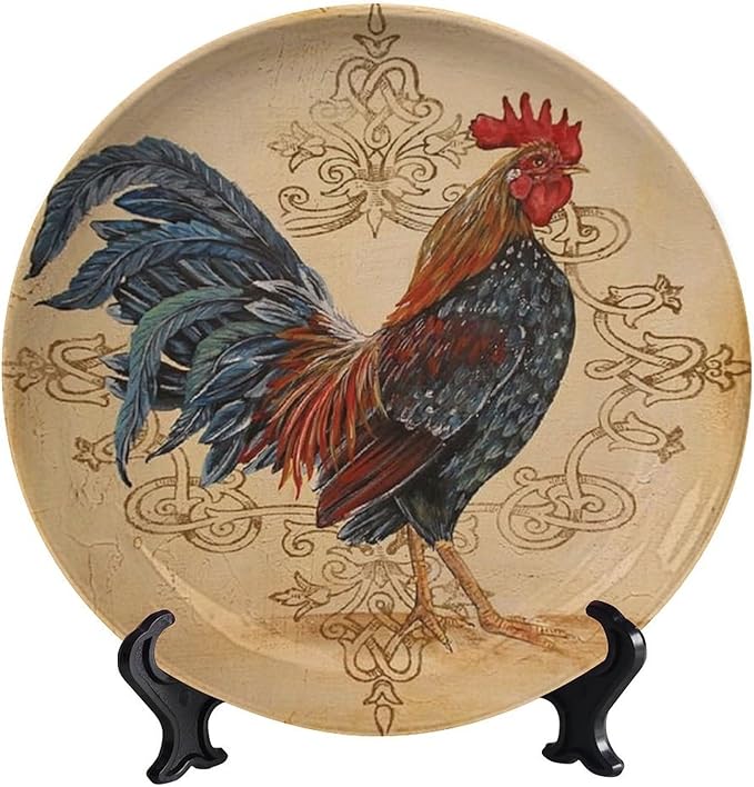 Rooster Decorative Ceramic Plates, 6 Inch, Rooster On A Khaki Background Round Display Plate, Table Top Plate Decor with Stand, Ceramic Craft for Wall Hanging Decorative