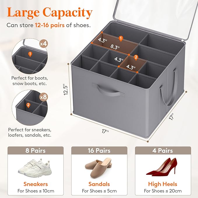 Lifewit Shoe Storage Organizer for Closet, Fabric Large Shoe Box Storage Containers with Clear Cover, Foldable Bins for Boots Heels Sneakers Fits 72-96 Pairs (Each 12-16 Pairs) 6 Pack Gray