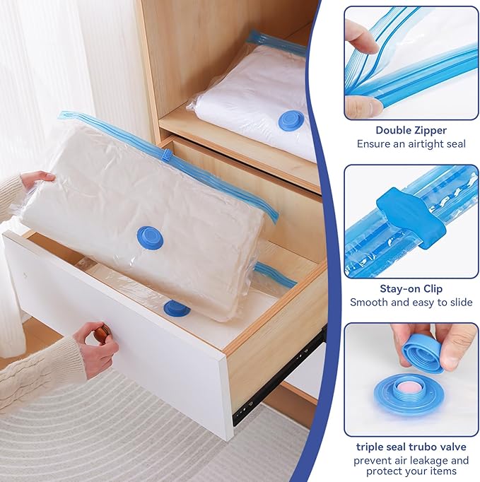 12 Pack Vacuum Seal Bags with Rechargeable Air Pump for Clothing, Vacuum Storage Bags for Clothing, Vacuum Seal Bags for Clothing Travel, Space Saver Vacuum Storage Bags, White