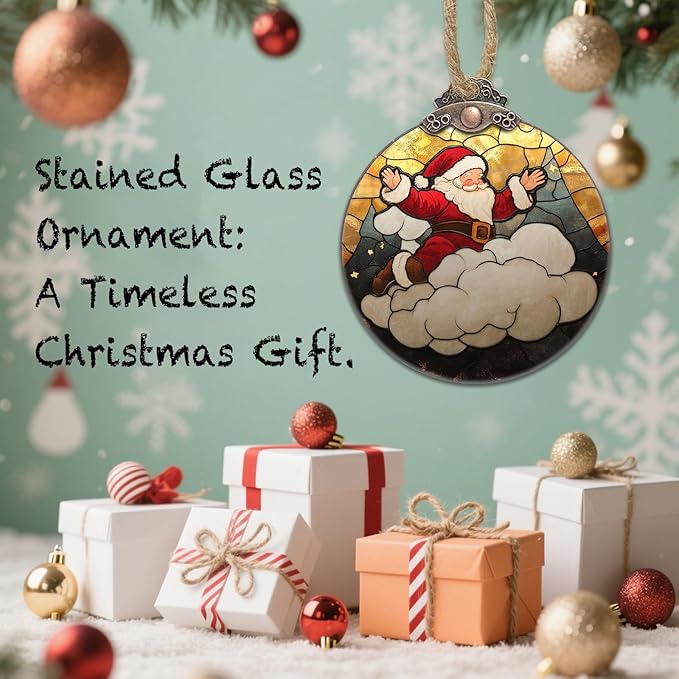 DASTOLL Stained Glass Christmas Decorations, Santa Claus On The Cloud Suncatcher for Window Christmas Tree Hanging Ornaments Cute Sun Catcher Xmas Decor Gifts for Women Men Mom Nana Friend