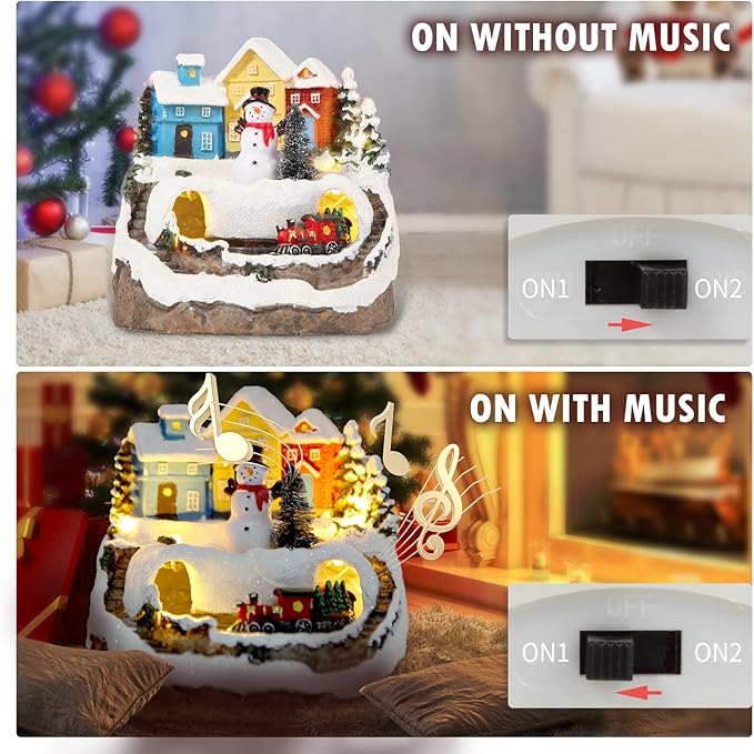 Christmas Village Figurines Musical Snow Globe Christmas Collectible Buildings Decoration with Spinning Train 8 Music & LED Light for Christmas Home Decor Gift Santa Claus (Snowman) (W01)