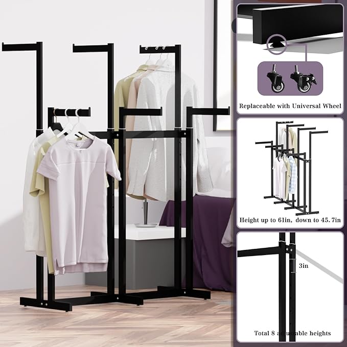 Retail Clothing Rack - for Hanging Clothes, Rolling Metal Garment Racks Heavy Duty, Black Commercial Clothing Display Rack, Clothes Organizer with Wheels (8 Arm,Black)