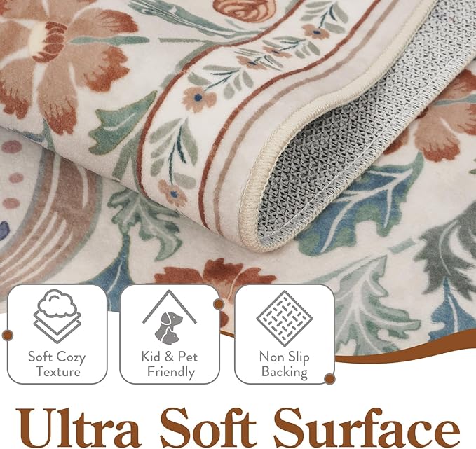 Moynesa Floral 2x3 Rugs for Entryway, Washable Kitchen Rug Non Slip Small Bathroom Throw Rug, Boho Flower Soft Ultra Thin Indoor Front Door Mat for Laundry Bedroom Entry, Beige