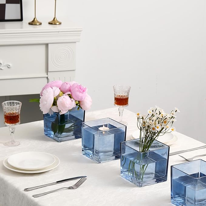 Square Blue Glass Vases Set of 2, 6" x 6" x 6" Square Vase for Centerpieces, Flower Vases for Centerpieces, Small Vase for Wedding, Party, Home Office Decoration