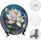 Stained Glass Theme Decorative Ceramic Plate Round Porcelain Plate,7 inch,Flowers in The Pond Pattern,for Decorative Ornaments Giving Plates, 1 Plate with 1 Display Stand,Blue White