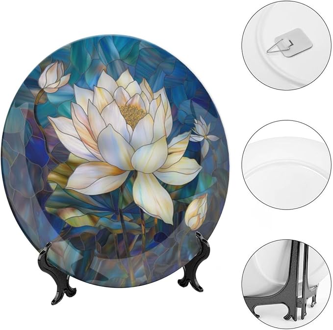 Stained Glass Theme Decorative Ceramic Plate Round Porcelain Plate,8 inch,Flowers in The Pond Pattern,for Decorative Ornaments Giving Plates, 1 Plate with 1 Display Stand,Blue White