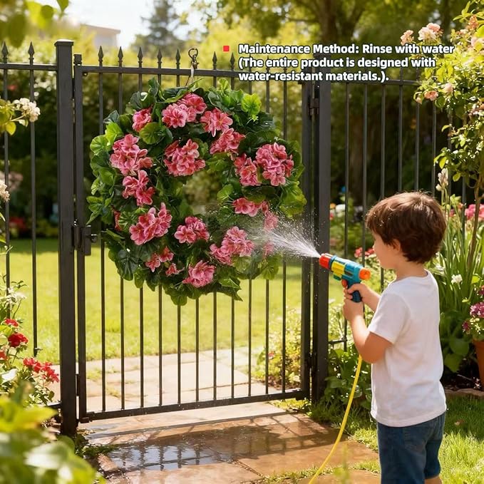Spring Pink Wreath 24” – Floral Decor with Geranium Flowers for Front Door, Entry, Porch Display, Easter, Thanksgiving, Christmas