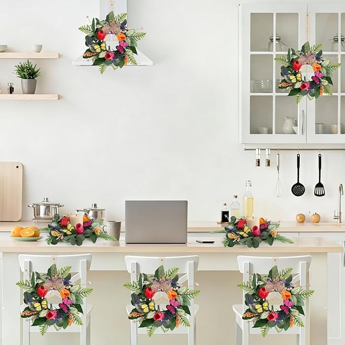 6 PCS Spring Lavender Tulips Hanging Wreaths for Kitchen Cabinets Artificial Small Floral Wreaths for Front Door with Butterfly Spring Summer Mini Wreath for Home Farmhouse Window Porch Wall Decor