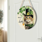 St. Patrick's Day Door Decoration for Home Cat Lucky Shamrock Wreath for Front Door Lucky Clover Cat Hanging Wall Sign Green Wreath Wooden Plaid Plaque for Porch Home Office Farmhouse 12"x12"