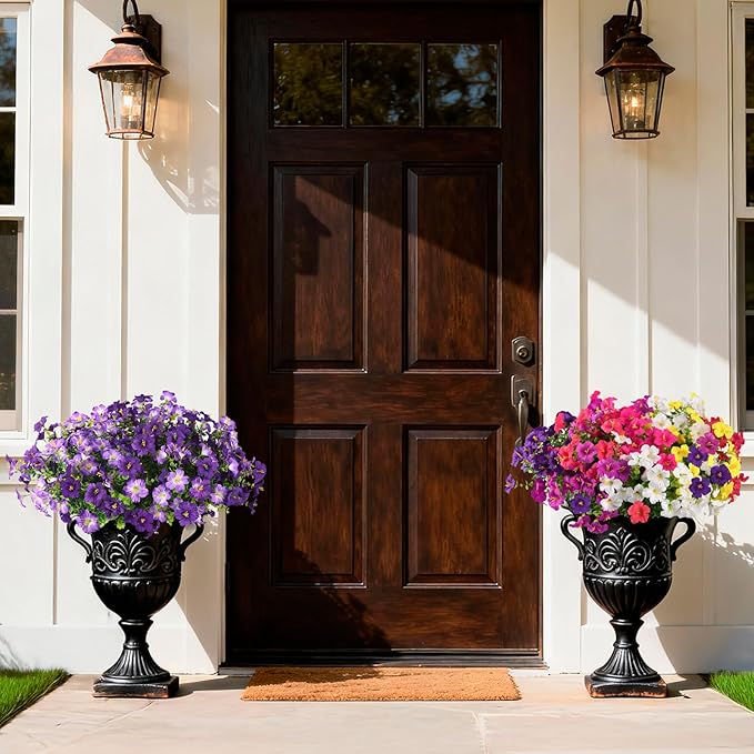 INQCMY Artificial Fake Flowers for Outdoor Spring Decoration,12 Bundles Faux Silk Colorful Morning Glory with Eucalyptus UV Resistant Realistic Fake Plants for Outside Planter Porch Patio Yard Garden