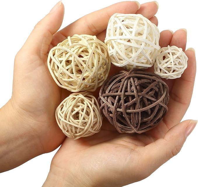 Patelai 36 Pcs Wicker Rattan Balls Decorative Balls for Vase Centerpiece Bowls Orbs Filler for Home Decor,4 Sizes(White, Wood Color, Light Tan, Coffee,2.8'',2.4'',2'',1.6'')