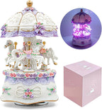 Carousel Music Box，Luxury Color Change LED Light Music Box,Luminous Rotating 3-Horse Musical Box with Gift Box for Girls Birthday Valentine Gift (You are My Sunshine, Purple)