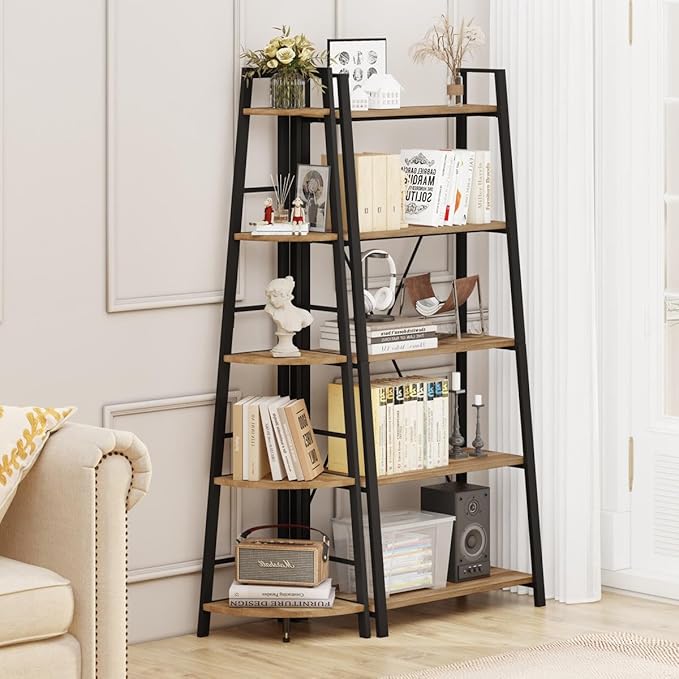 BON AUGURE Corner Ladder Shelf, 5 Tier Metal Wood Corner Bookshelf, Tall Shelving Unit Shelf Plant Stand for Living Room, Home Office, Bathroom (Vintage Oak)