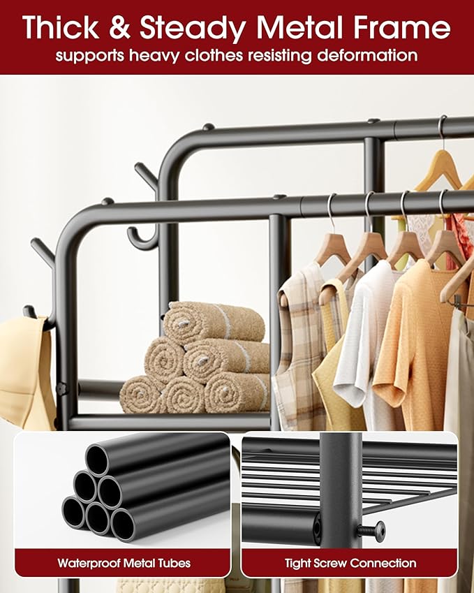 Clothes Rack - Double-Rod Clothing Rack with Built-In Hooks & Shelves, Multi-Functional Wardrobe Closet for Bedroom, Living Room, Entryway, 41.3" x 15.3" x 59.8", Black