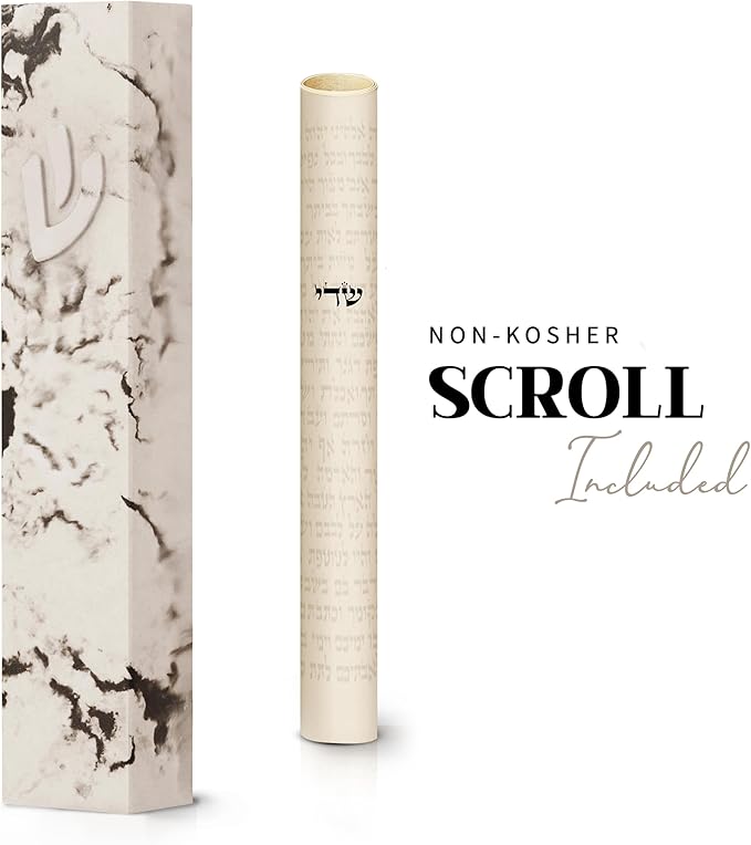 SURI Mezuzah for Door – 7 Inch Marble Cream Concrete Mezuzah Case with Printed Scroll, Self-Stick Jewish Entry Design, Fits a 6 Inch Scroll, Gift Box Included