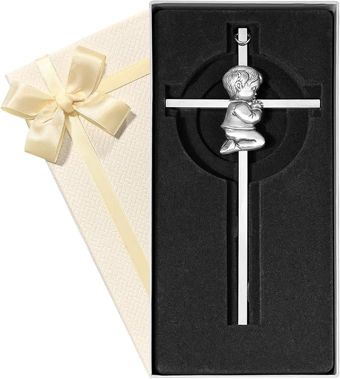 Baby Wall Cross Baptism Gifts for Boys, 7-inch Silver Praying Catholic Boy Baptism Crosses for Christening, First Holy Communion & Baby Dedication Gifts, Baptismal Cross Newborn Nursery Decor