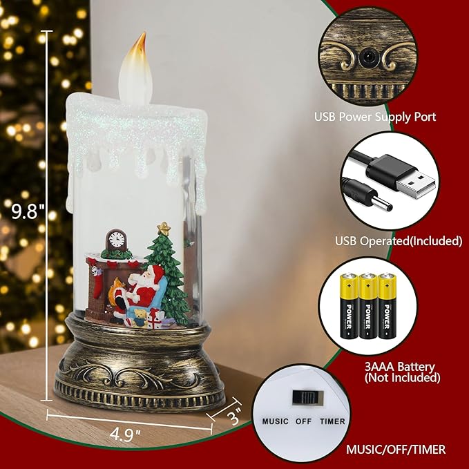 Wondise Rechargeable Musical Santa Snow Globe Lantern with 6H Timer, Battery Operated & USB Powered Lighted Singing Snow Globe Lamp Spinning Water Swirling Glitters Holiday Decor