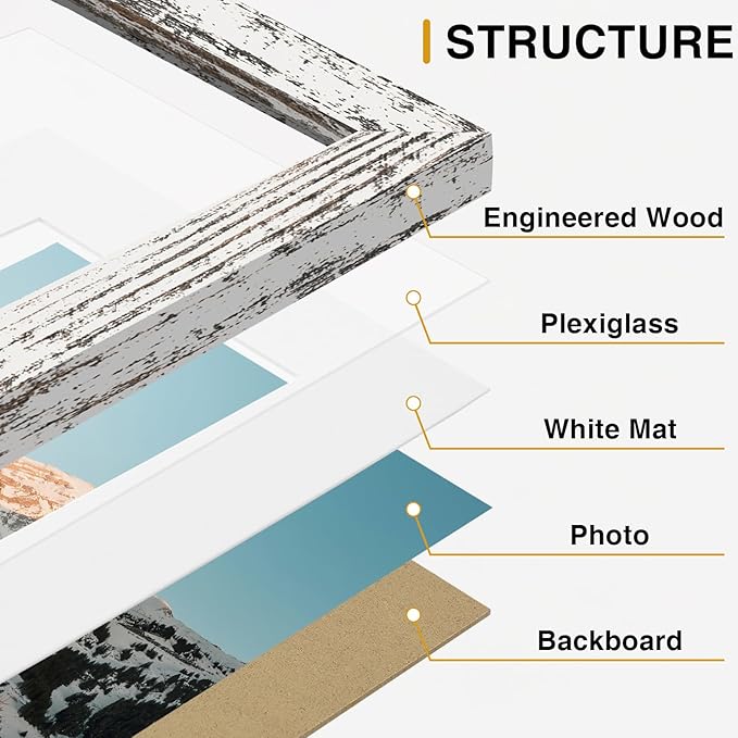 Vittanly 15 Pack Picture Frames Collage Wall Decor for Mounting or Tabletop, Gallery Frame Set for Family, Multi Sizes Including 3pcs 8x10, 6pcs 5x7, 6pcs 4x6, Black, Brown and Distressed White
