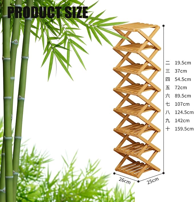 9 Tier Bamboo Shoe Rack, Foldable Shoe Rack, Shoe Rack, Ertical Shoe Organizer for Small Spaces, No Assembly Narrow Shoe Shelf for Entryway Closet Dorm (Yellow, 8 Layers)
