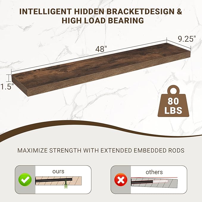 Acovy 48 Inch Floating Shelves, 48"x9.25"x1.5" Inch Deep Floating Shelves for Wall, Wooden Shelves for Bathroom, Bedroom, Living Room, Brown, 1 Piece