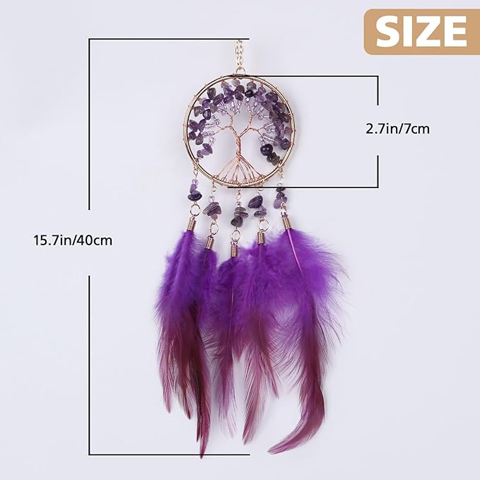 Pretty Jolly Small Tree of Life Crystal Stone Dream Catchers Purple Feathers Mini Dreamcatchers for Cars Rear View Mirror Hanging Decoration Good Luck Travel Charm Bedroom Ornaments for Women Girls