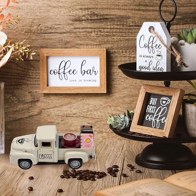 Coffee Bar Decor Vintage Mini Metal Pickup Truck Decor with Book Accessories for Coffee Station, Farmhouse Tiered Tray Table Decorations for Home Kitchen, Cafe