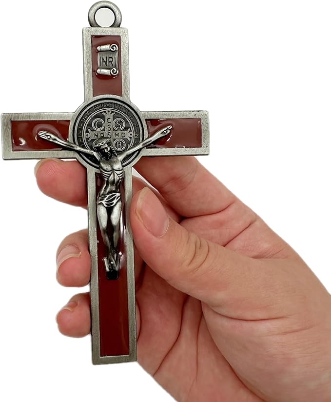 BONITTER Antique Silver Crucifix Wall Cross-St. Benedict Metal Wall Art-5.0 InchX2.7 Inch Black White Brown Enamel Give Blessing and The Spiritual Sacred:Faith Gift for your Acquaintances (Brown)