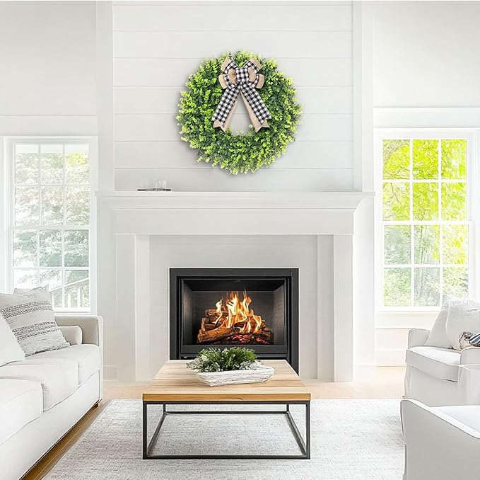 24-26'' Large Boxwood Wreath for Front Door, Porch, Window - Foldable Greenery Boxwood Wreaths for Farmhouse Wedding Indoor Outdoor Decor - Spring, Summer, Fall, All Seasons (with Bow)