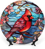 Decorative Plates, Cardinal Bird Colorful Stained Glass Painting Display Plate for Home Office Kitchen Table Decor Porcelain Plates 7 Inch, Gifts for Loss of Loved