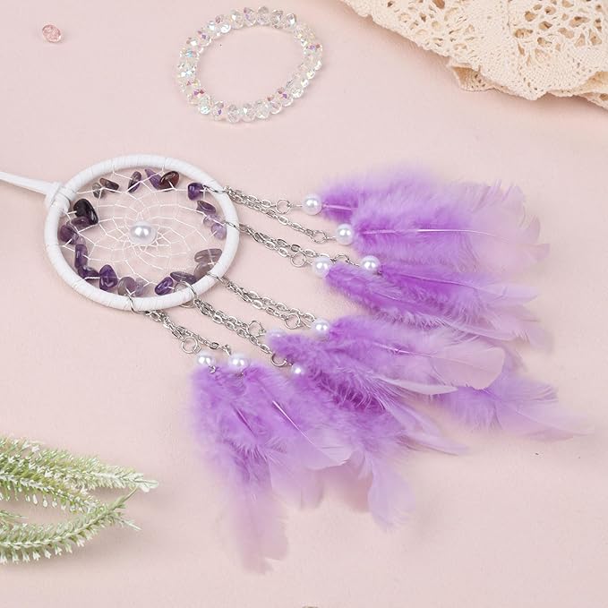 Pretty Jolly Crystal Stone Small Dream Catchers Purple Feathers Mini Dreamcatchers with Beads for Cars Rear View Mirror Hanging Decoration Good Luck Travel Charm Bedroom Ornaments for Women Girls