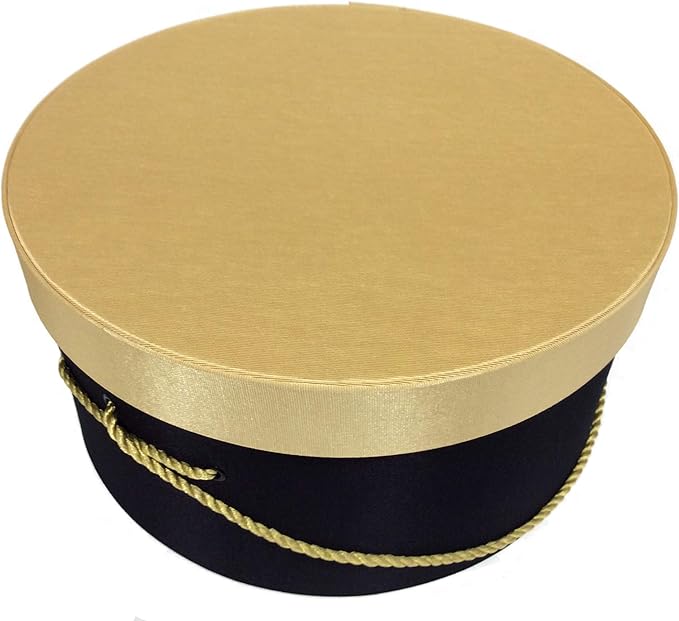 Sarah's Hat Boxes Classic Black/Gold Hat Box – 16.75" x 8.5" (Dia. x Ht.) Handmade in USA – Odorless Non-Toxic Adhesive, Cording Handle – Premium Storage for Hats & Accessories