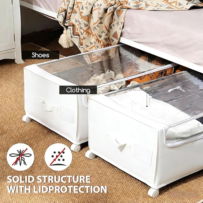 Under Bed Storage with Wheels, Rolling Under bed Storage with Metal Frame, Under Bed Shoe Storage for Space Saving, Zippered Clear Lid, Heavy-Duty Steel Base for Clothes, White,4XL 90L