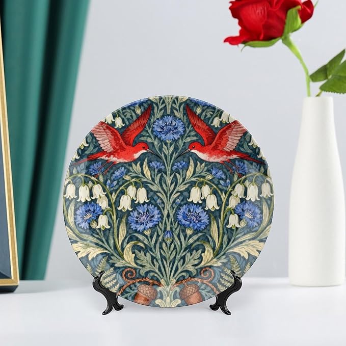 William Morris Forest Wildflower And Birds Fashion Plates Decor for Festival Table Office Customize Halloween Idea Gifts Ceramic Salad Plates Including Bracket And Special Hook, Multi Sizes