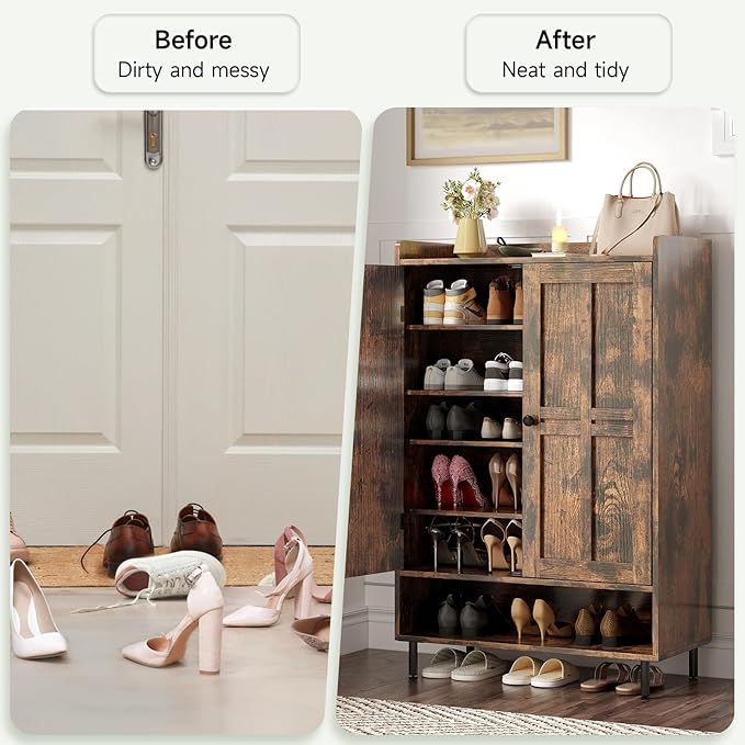 ONBRILL Shoe Storage Cabinet with Cross Molding Doors, 6-Tier Shoe Cabinet with 3 Adjustable Shelves and Metal Legs, 45 Inch Tall Shoes Rack Organizer Cabinet for Entryway, Front Door, Rustic Brown