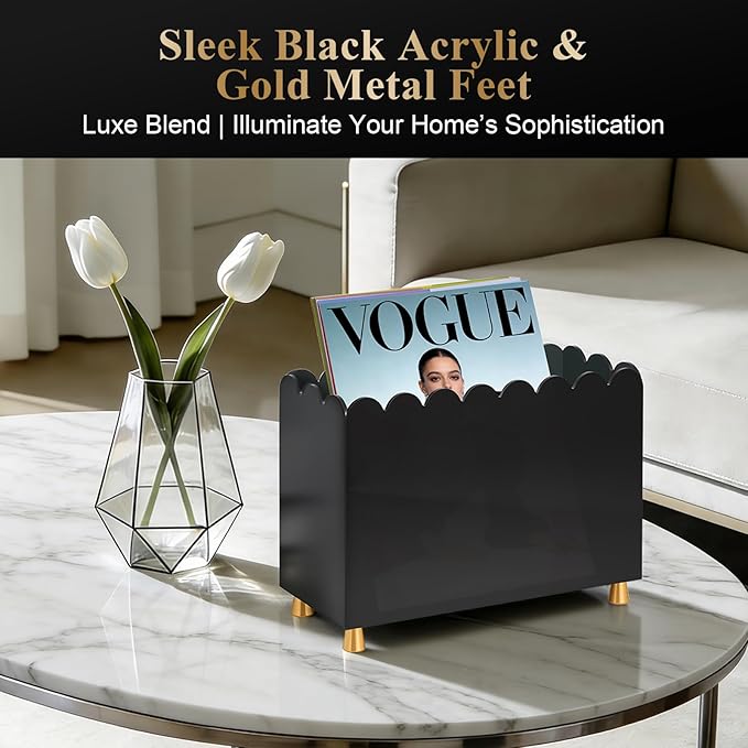 Acrylic Magazine Holder, Magazine Rack Floor,Sleek Black Stylish Organizer with Luxe Gold Metal Feet and Wave Edge Design Space Saving Storage for Books Newspapers Office Supplies,Home Office(Black)