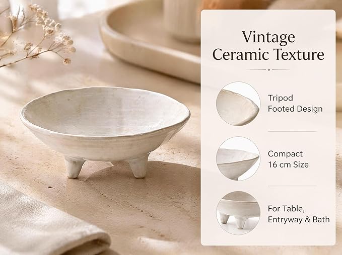 6" Small Decorative Bowl, Multi-Purpose Decorative Bowls for Keys, Candy and Home Decor, Ceramic Bowl （Retro White）