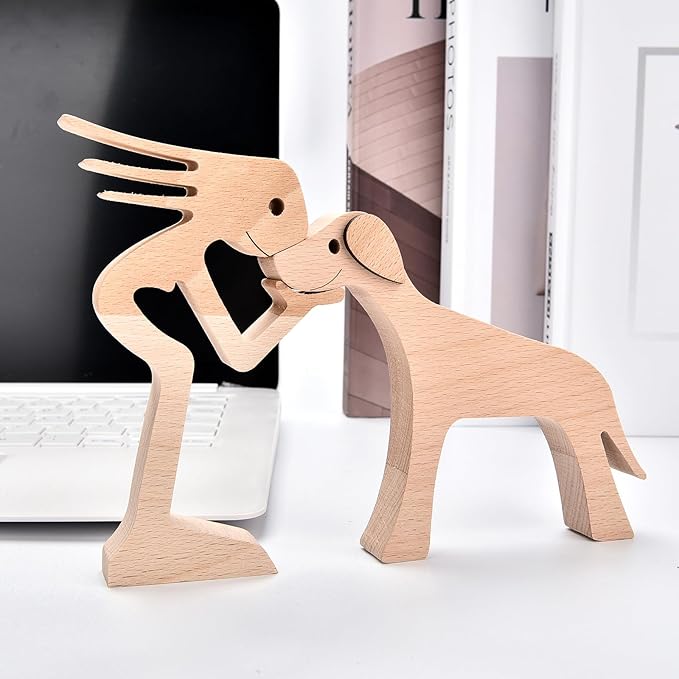 ISHINE Wood Decor Wooden Statue Man and Dog Figurine Handmade Carved Creative Home Office Gift for Men Women Accents Decoration Natural ECO Friendly 7x3 inches (B-Woman Kisses Dog)
