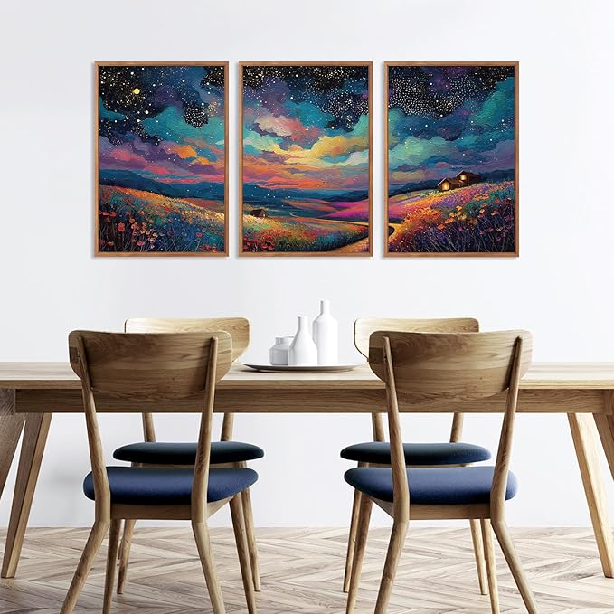 KAIRNE Framed Abstract Midnight Canvas Wall Art,Large Starry Night Prints Set of 3(16”X24”),Colorful Galaxy Space Wildflowers Wall Decor,Nature Dark Night Scene Paintings for Living Room Bedroom Decoration
