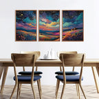 KAIRNE Framed Abstract Midnight Canvas Wall Art,Large Starry Night Prints Set of 3(16”X24”),Colorful Galaxy Space Wildflowers Wall Decor,Nature Dark Night Scene Paintings for Living Room Bedroom Decoration